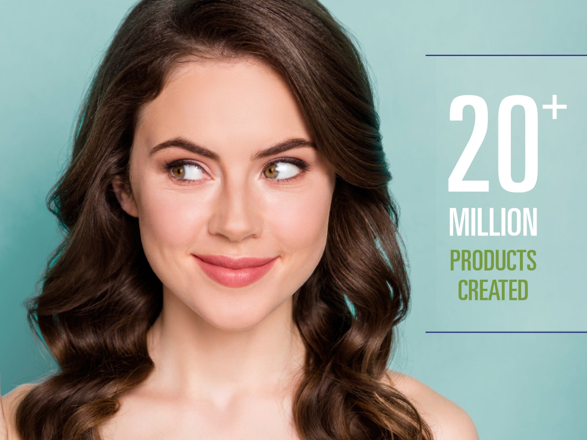 A person looking off screen with a banner that reads: 20+ Million Products Created