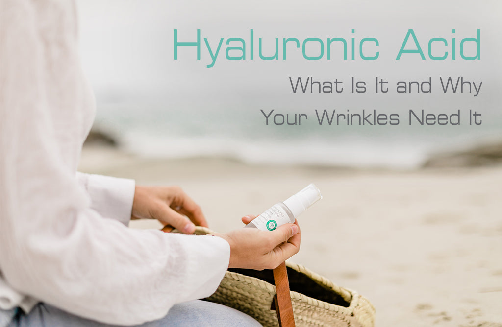 Woman holding Hyaluronic Moisture Boost Serum on the beach