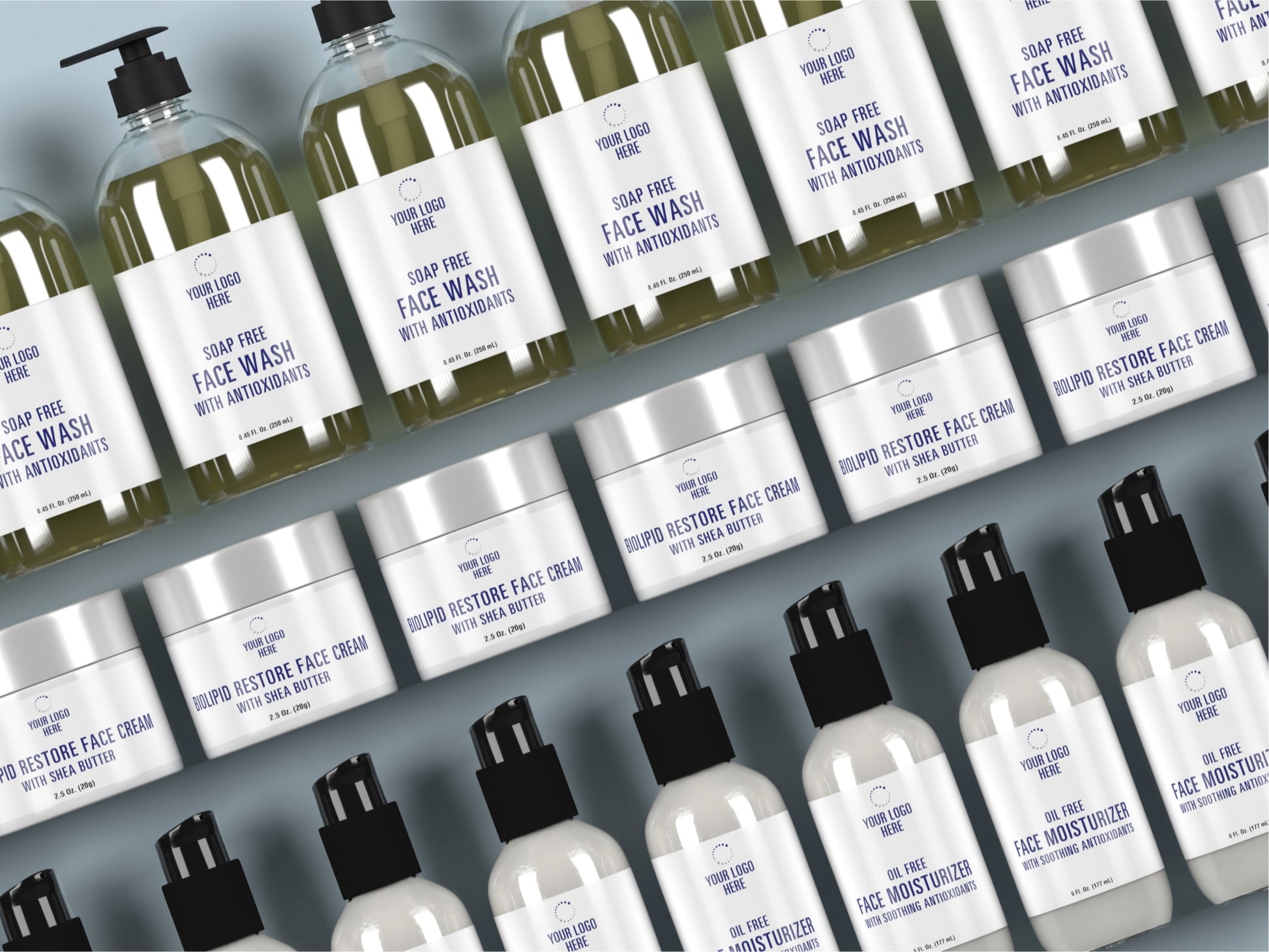 A rendering of of a variety of white label skincare products arranged in rows showing the example "Your Logo Here" labels