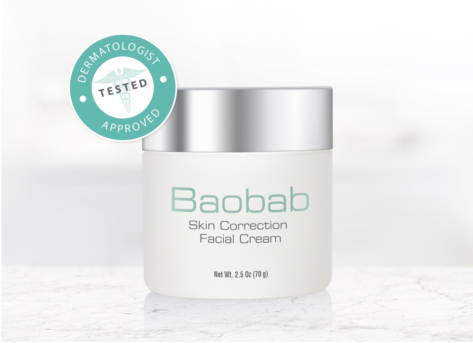 A rendering of the Boabab Skin Correction Facial Cream sitting on a white countertop with a stamp that reads Dermatologist Tested Approved